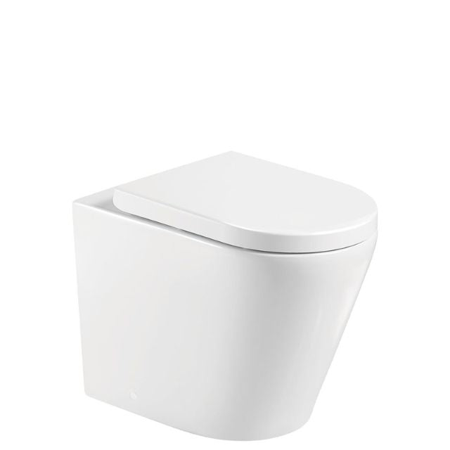 Fienza Aluca wall-faced toilet suite in gloss white, shown front angled with soft-close seat closed.