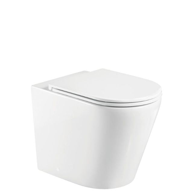 Fienza Aluca gloss white back to wall toilet suite with slim seat, front angled view on white background