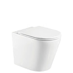 Fienza Aluca gloss white back to wall toilet suite with slim seat, front angled view on white background