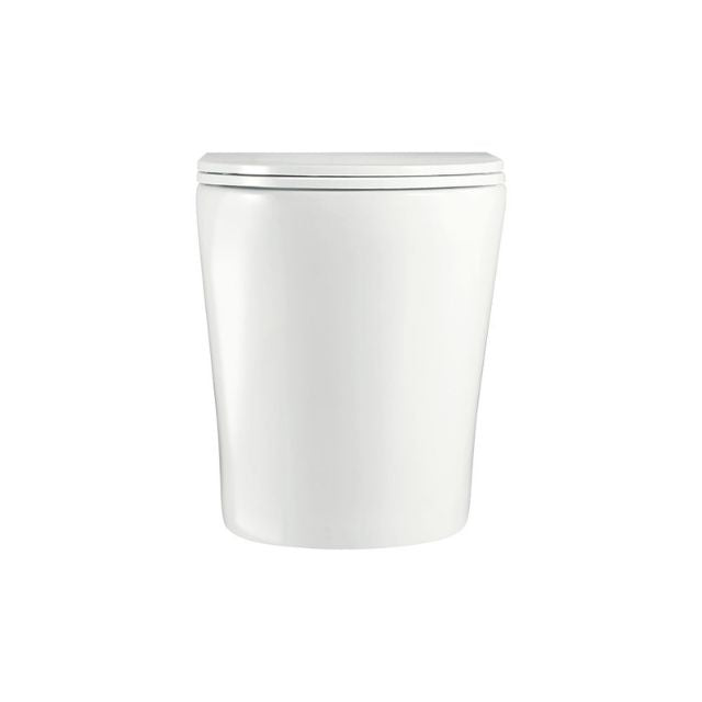 Fienza Aluca wall-faced toilet pan with slim seat, gloss white, front view on white background