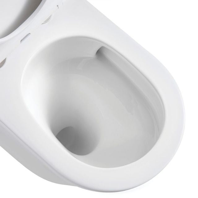 Fienza Aluca gloss white toilet pan close-up with rimless bowl and slim seat opening