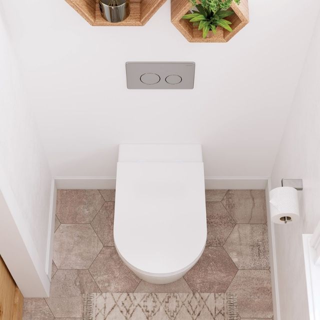 Fienza Aluca white back-to-wall toilet suite with slim seat, top view in a modern bathroom with concealed cistern plate