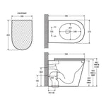Fienza Aluca wall-faced toilet technical drawing with dimensions, top and side views, white gloss finish