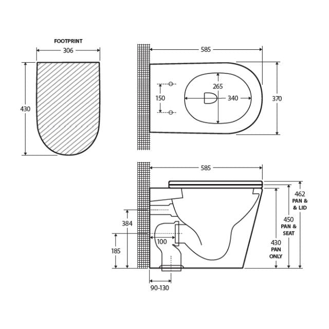 Fienza Aluca wall-faced toilet technical drawing with dimensions, top and side views, white gloss finish