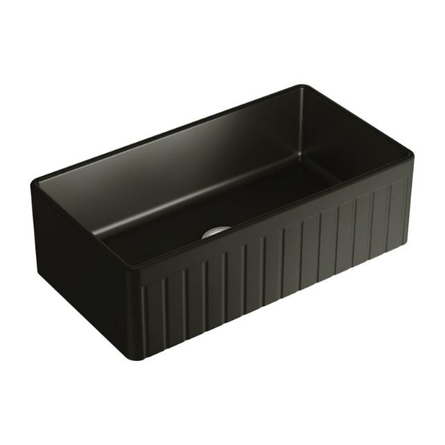 Fienza Benson large matte black fire clay butler sink, reversible fluted front, single bowl view