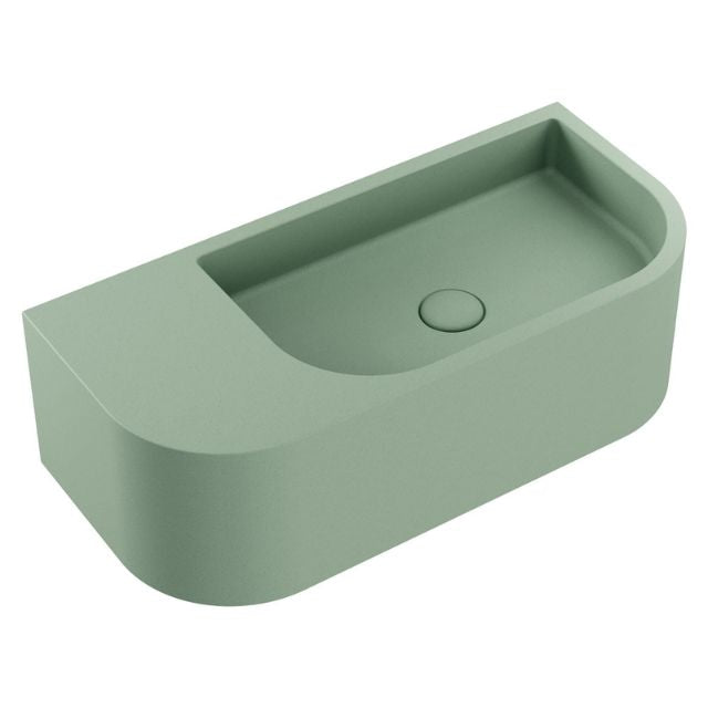 Fienza Blanca wall hung concrete basin, sage, rectangular with right-hand bowl and left shelf view