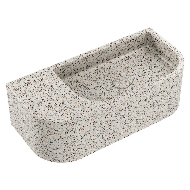 Fienza Blanca terrazzo concrete wall hung basin, right-hand bowl, rectangular grey white finish