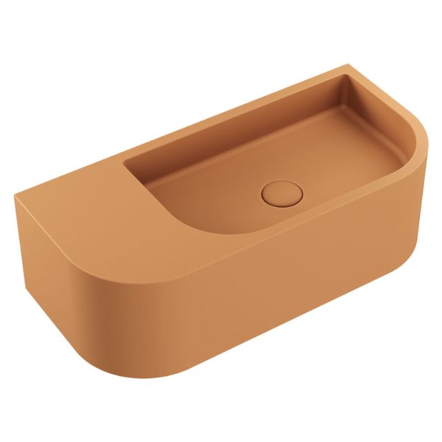 Fienza Blanca wall hung concrete basin, right hand bowl, Tuscan finish, rectangular, 650mm, no tap hole