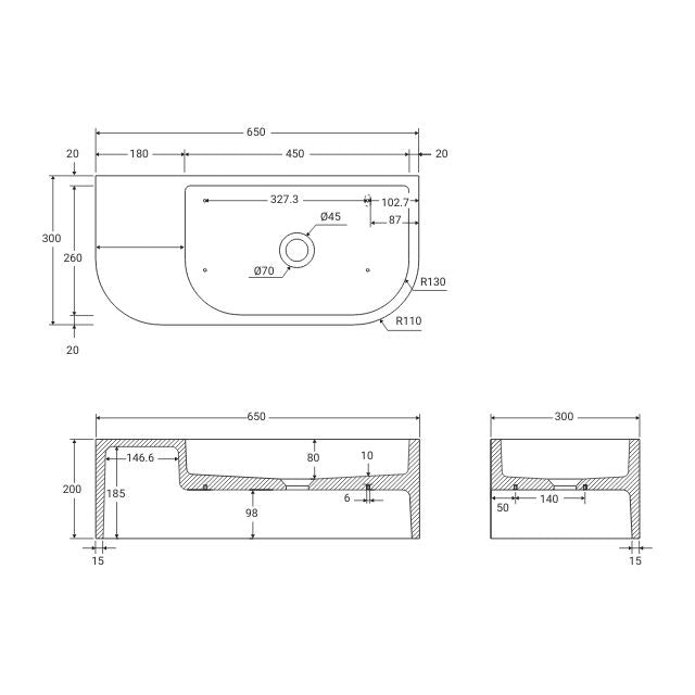 Technical drawing of Fienza Blanca wall hung basin, right-hand bowl, 650x300x200mm, warm white, with dimensions