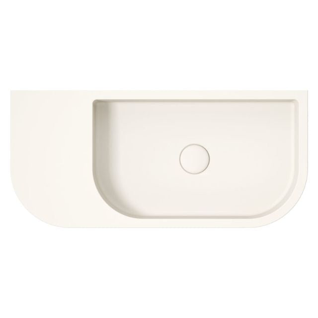 Fienza Blanca warm white concrete wall hung basin, right-hand bowl with shelf, rectangular front view