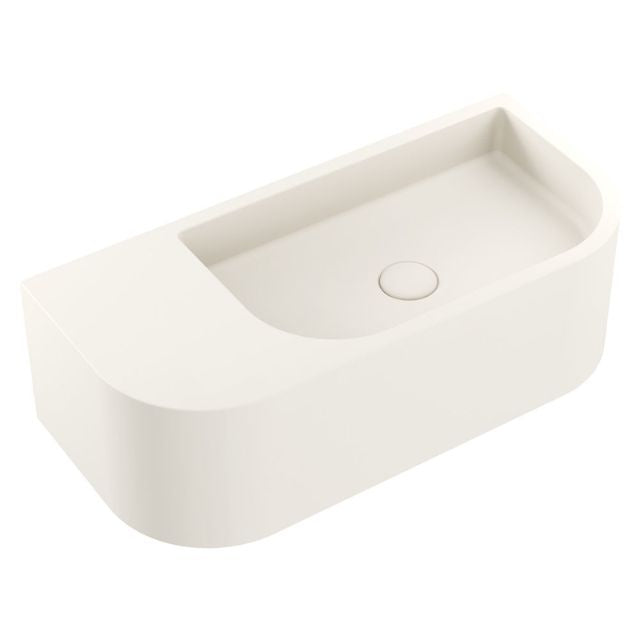Fienza Blanca warm white concrete wall-hung basin, rectangular with right-hand bowl and shelf, 650mm￼
