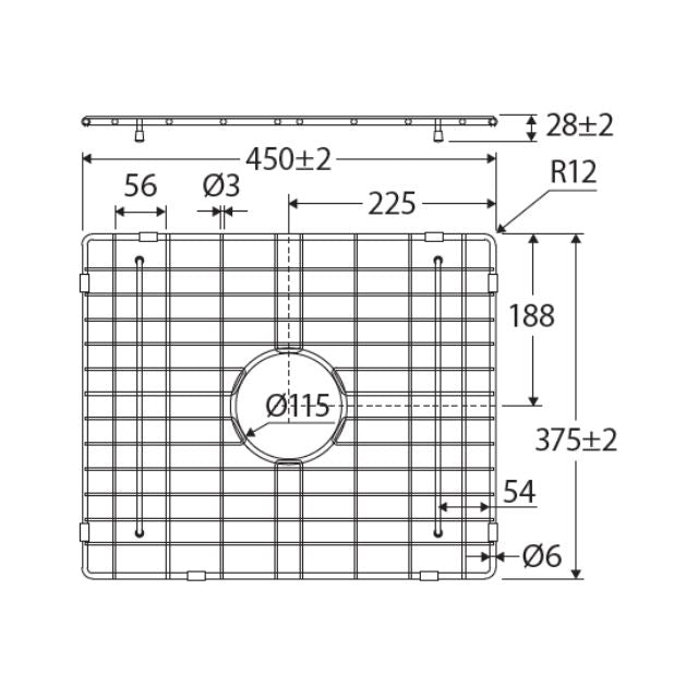 Fienza Butler double sink protector technical drawing, stainless steel, 450x375x28mm with centre drain cut-out