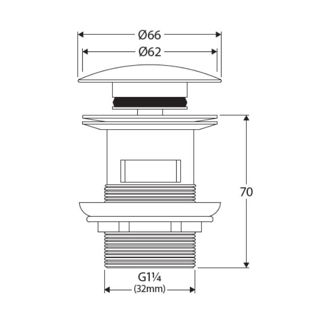 Fienza ceramic white dome basin pop-up waste technical drawing, with overflow, 32mm, front view with dimensions