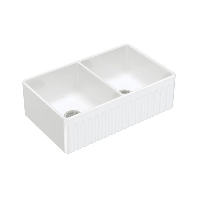 Fienza Charlton glossy white double butler sink with fluted front, two bowls and reversible flat side