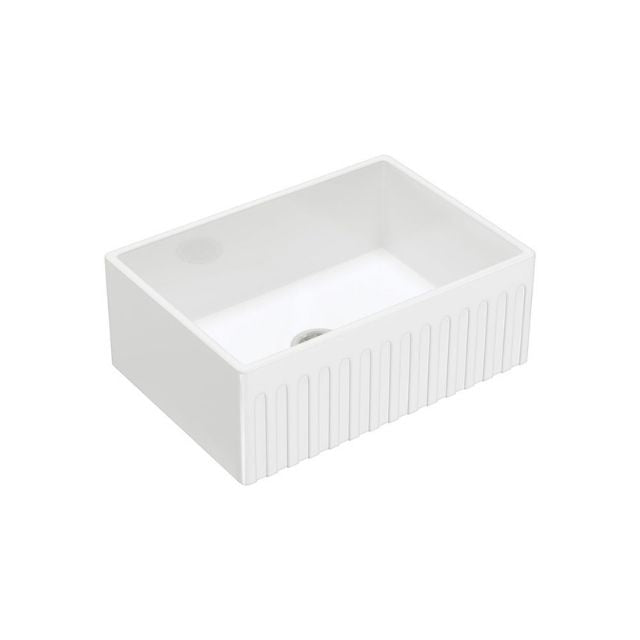 Fienza Charlton small white ceramic butler sink with fluted front, single bowl, reversible design, angled view