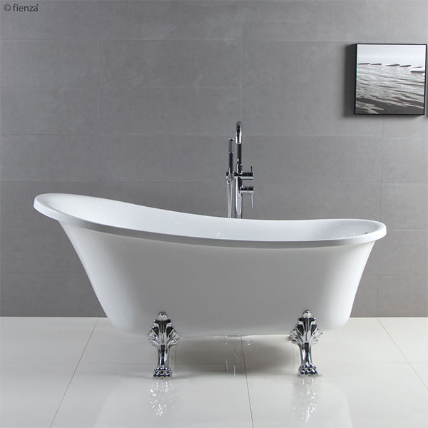 Fienza freestanding claw foot bath in gloss white with chrome feet, side view, shown in a modern bathroom setting
