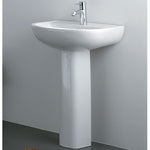 Fienza Compact 550 gloss white ceramic pedestal basin with arch bowl and chrome mixer tap in bathroom setting