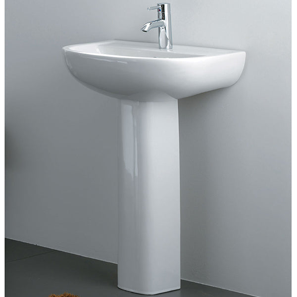 Fienza Compact 550 gloss white ceramic pedestal basin with arch bowl and chrome mixer tap in bathroom setting