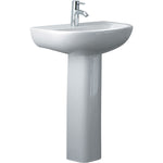 Fienza Compact 550 pedestal basin in gloss white ceramic, one tap hole, with chrome tapware on pedestal view