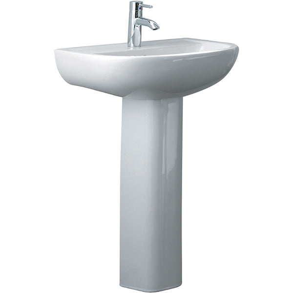 Fienza Compact 550 pedestal basin in gloss white ceramic, one tap hole, with chrome tapware on pedestal view