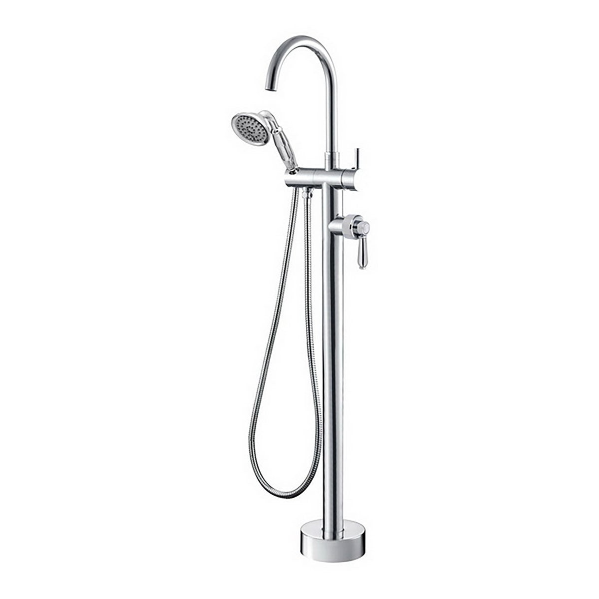Fienza Eleanor floor mixer and shower in chrome, with swivel spout, hand shower and floor-mounted base on white background