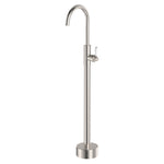 Fienza Eleanor floor mounted basin/bath mixer tap in brushed nickel, tall curved spout and round base, side lever