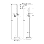 Fienza Eleanor floor mounted basin/bath mixer technical drawing in brushed nickel, showing side and front views with dimensions