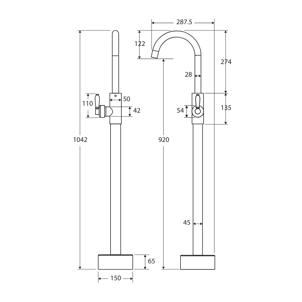 Fienza Eleanor floor mounted basin/bath mixer technical drawing in brushed nickel, showing side and front views with dimensions