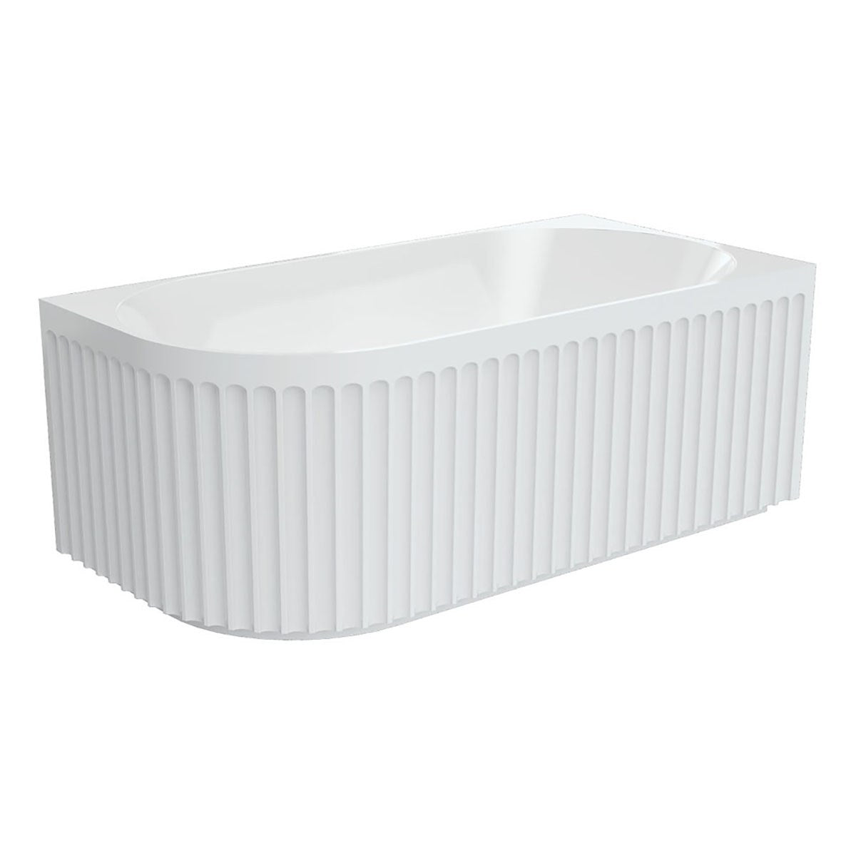 Fienza Eleanor fluted left-hand corner bath, gloss white acrylic, with vertical ribbed skirt and curved oval rim