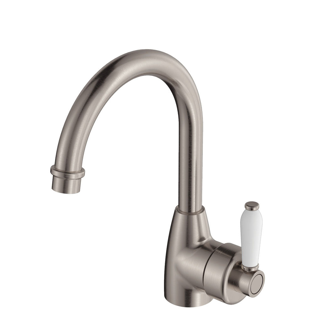 Fienza Eleanor gooseneck basin mixer tap in brushed nickel with white ceramic handle, isolated on white
