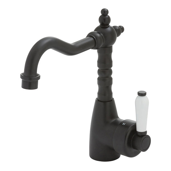 Fienza Eleanor Shepherds Crook basin mixer tap in matte black with ceramic lever and curved spout