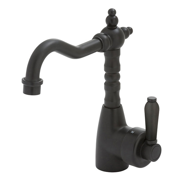 Fienza Eleanor Shepherds Crook basin mixer in matte black, hob mounted with gooseneck spout and side lever.