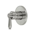 Fienza Eleanor wall mixer in brushed nickel, wall-mounted round tap with lever handle
