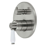 Fienza Eleanor wall mixer diverter in brushed nickel with white ceramic handle, wall-mounted round plate, front view