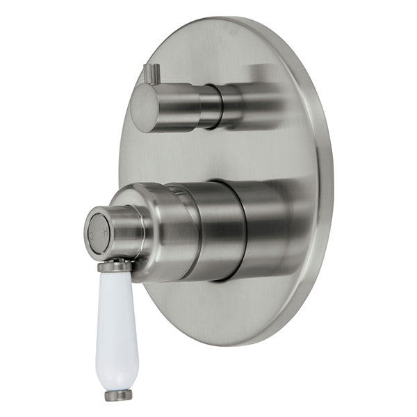 Fienza Eleanor wall mixer diverter in brushed nickel with white ceramic handle, wall-mounted round plate, front view