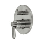 Fienza Eleanor wall mixer diverter in brushed nickel, wall-mounted with round plate and lever handle