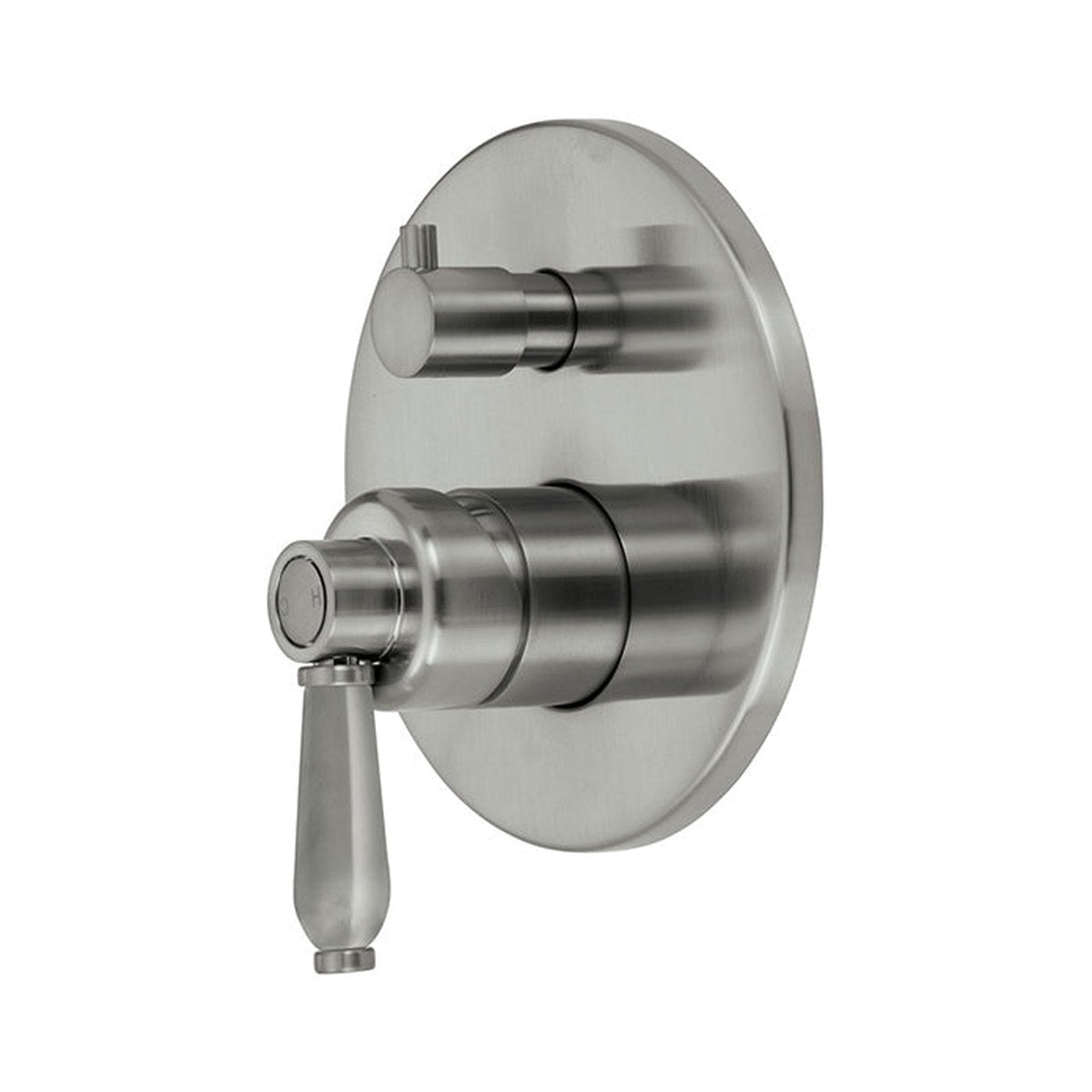 Fienza Eleanor wall mixer diverter in brushed nickel, wall-mounted with round plate and lever handle