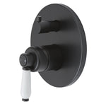 Fienza Eleanor wall mixer diverter in matte black with white ceramic handle, wall-mounted shower and bath tap