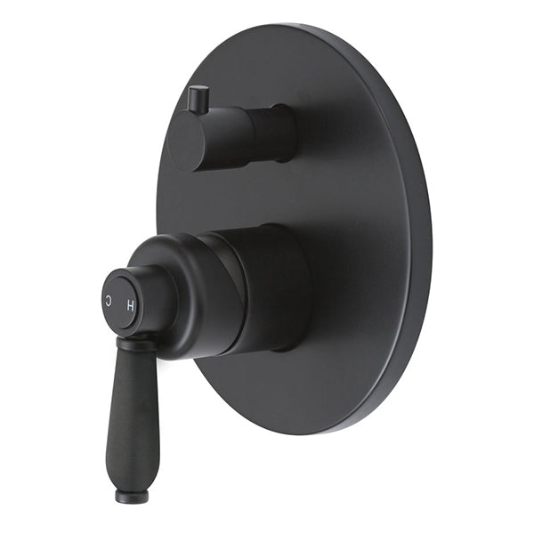 Fienza Eleanor wall mixer diverter in matte black, with round wall plate and lever handle for shower and bath