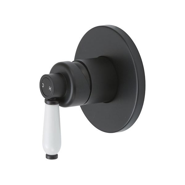 Fienza Eleanor matte black wall mixer with white ceramic lever and round backplate, shower and bath tapware