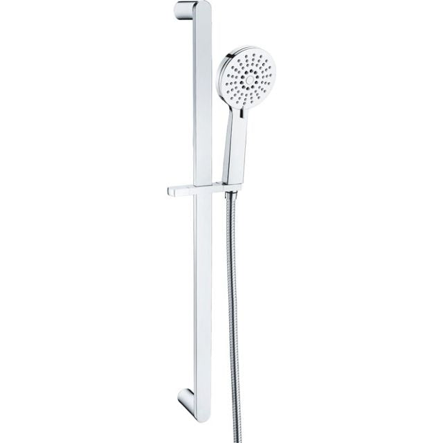Fienza Empire rail shower in chrome, wall-mounted with round hand shower and flexi-hose on flat rail, front view
