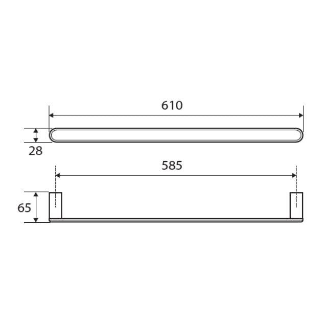 Technical drawing of Fienza Empire single towel rail, 610mm long, with 585mm fixing points and 65mm depth in chrome finish