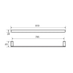 Technical drawing of Fienza Empire single towel rail, showing 810mm length and 785mm fixing points in chrome finish