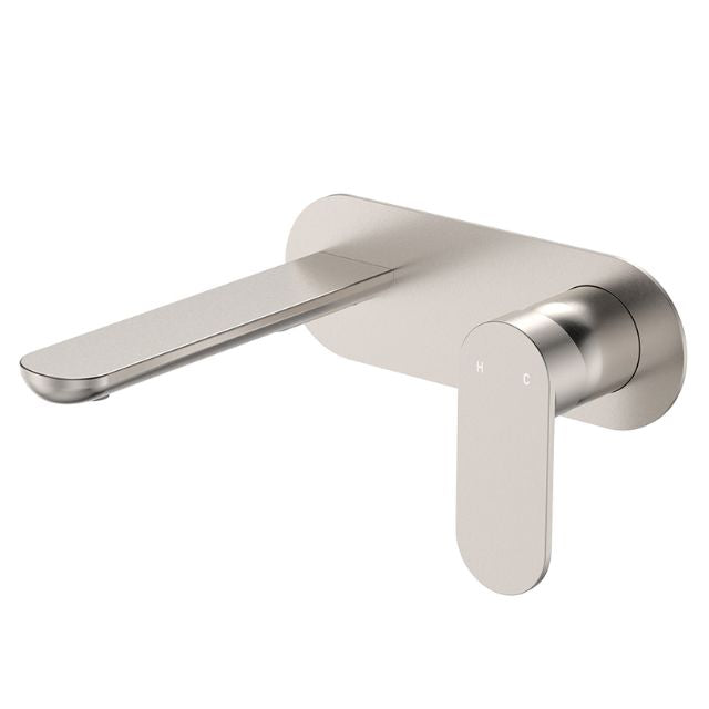 Fienza Empire slim wall basin/bath mixer set in brushed nickel with oval plate and rounded lever handle, side view