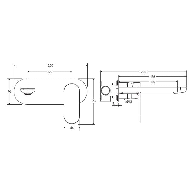 Fienza Empire Slim wall mixer set technical drawing, matte black oval plate with 160mm outlet and dimensions