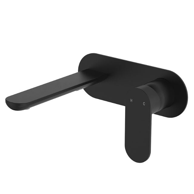Fienza Empire matte black wall basin/bath mixer set with oval plate and slim swivel spout