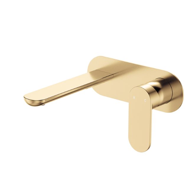 Fienza Empire Slim wall basin/bath mixer set in Urban Brass, with oval wall plate and slim swivel spout.