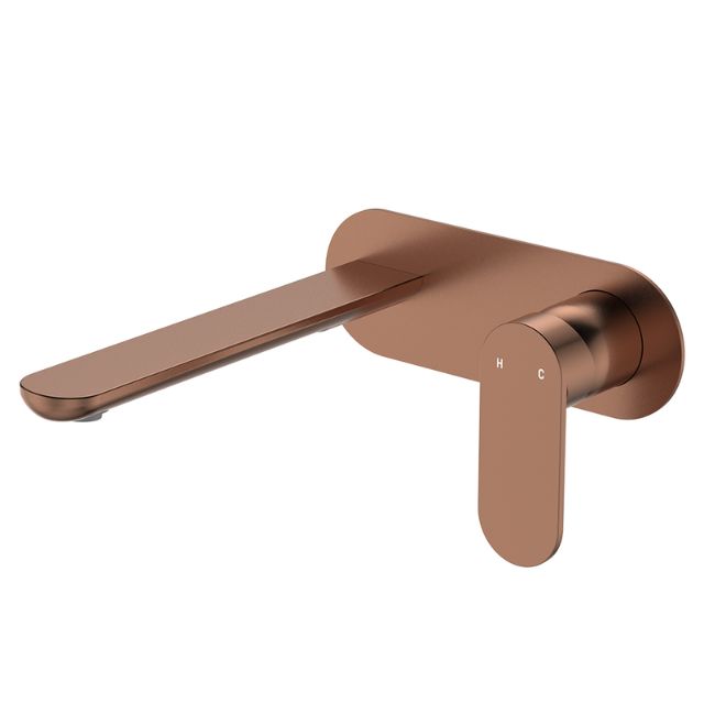 Fienza Empire Slim wall basin/bath mixer set, oval plate and brushed copper finish, 200mm reach