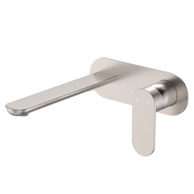 Fienza Empire Slim wall basin/bath mixer set with oval plate in brushed nickel, side view