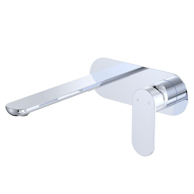 Fienza Empire oval wall mixer set in chrome with slim 200mm spout and rounded wall plate, side view